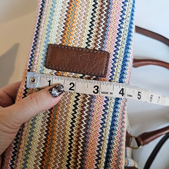 Fossil Parker Leather Satchel Purse Handbag Zig Zag Colorful Stripes Boho - Picture 10 of 12